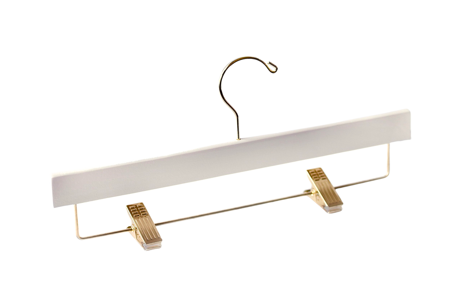 Ivory Wooden Pants Hanger with gold hardware and non-slip cushion clips for home closets and retail spaces 