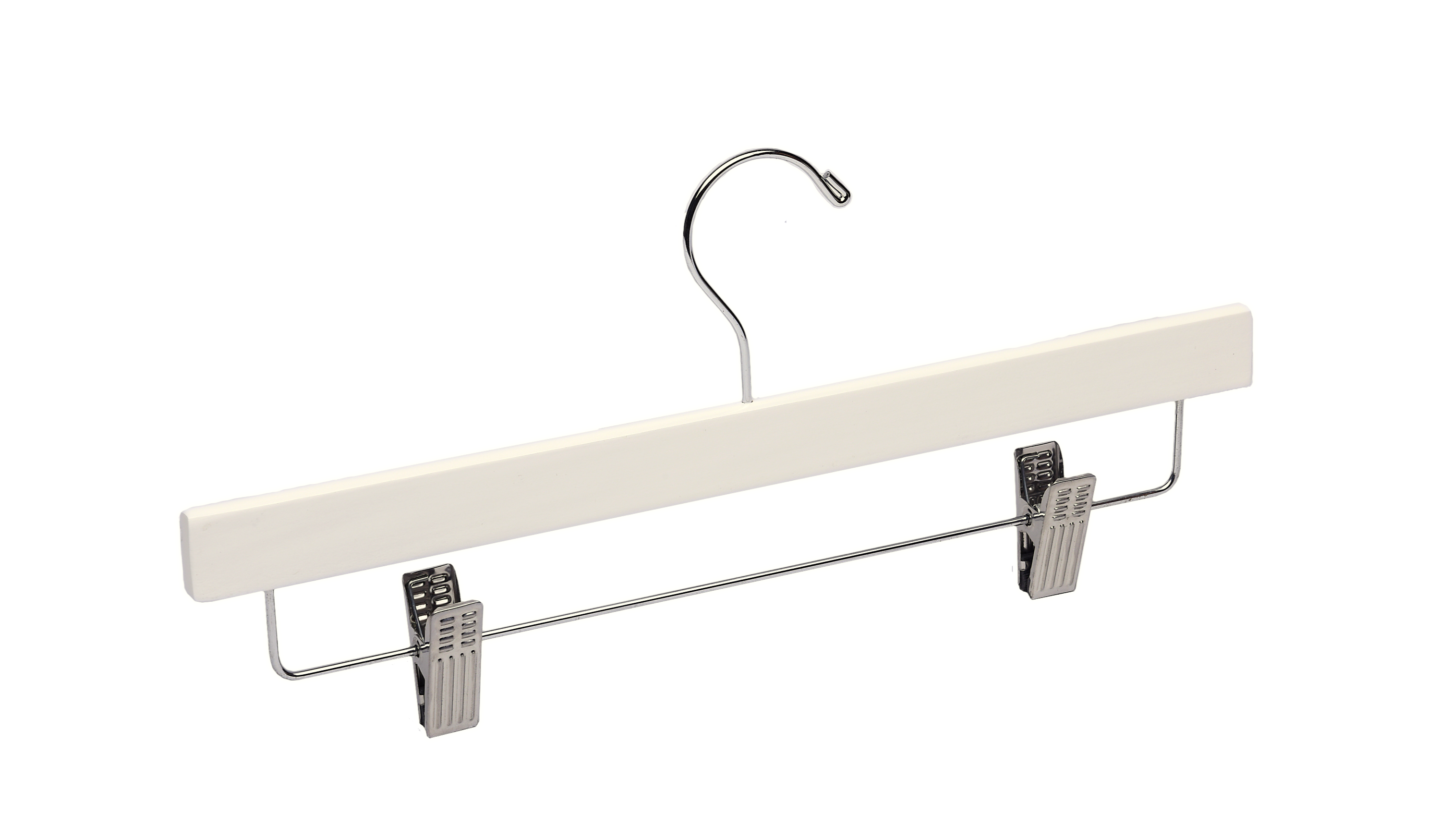 Ivory Wooden Bottom Hanger with a silver hook and adjustable cushion clips for residential closets and retail stores 