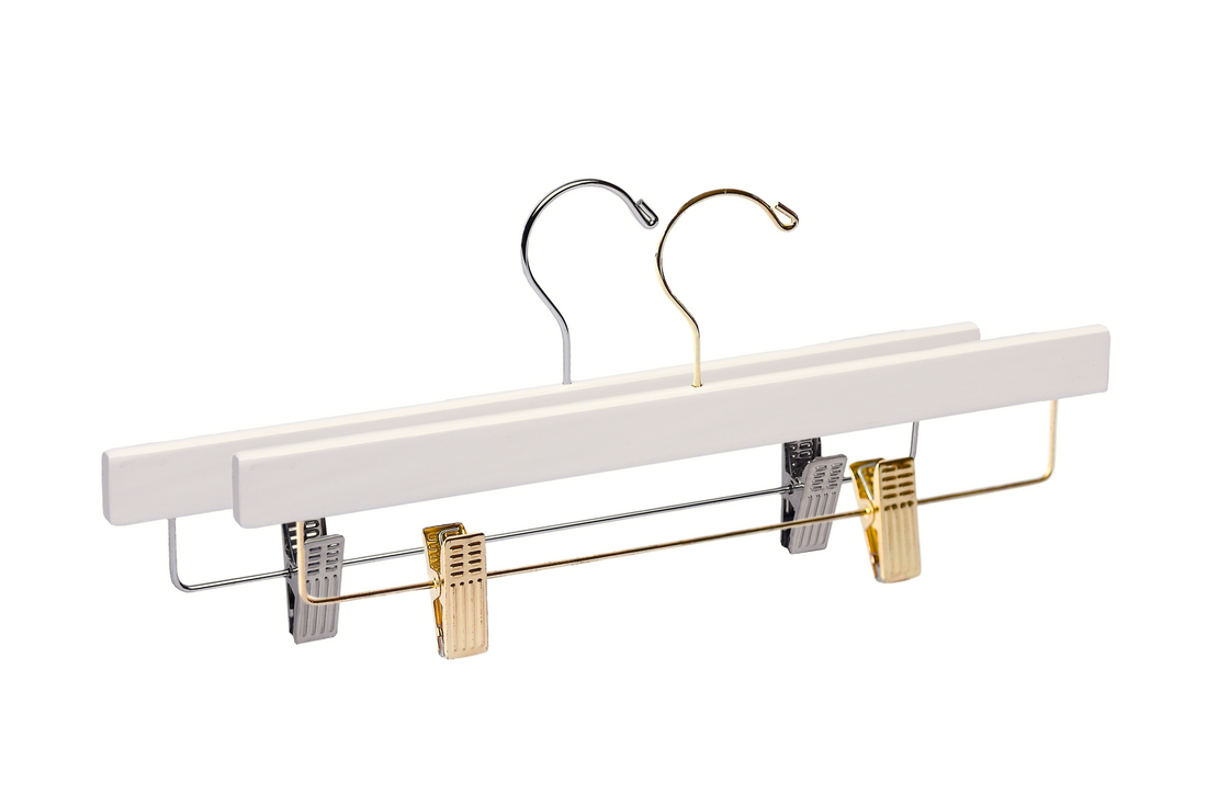 Two Ivory Wooden Bottom Hangers with a silver hook, a gold hook, and cushion clips for home closets and retail stores 
