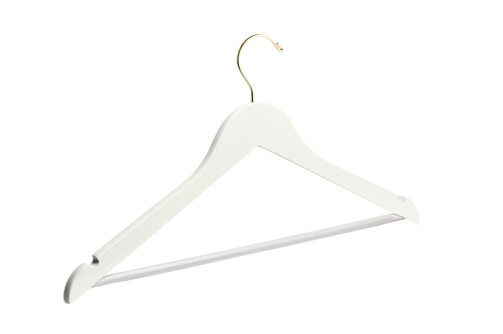 Ivory Wooden Suit Hanger with a gold hook, shoulder notches, and non-slip pant bar for custom bridal hanger designers