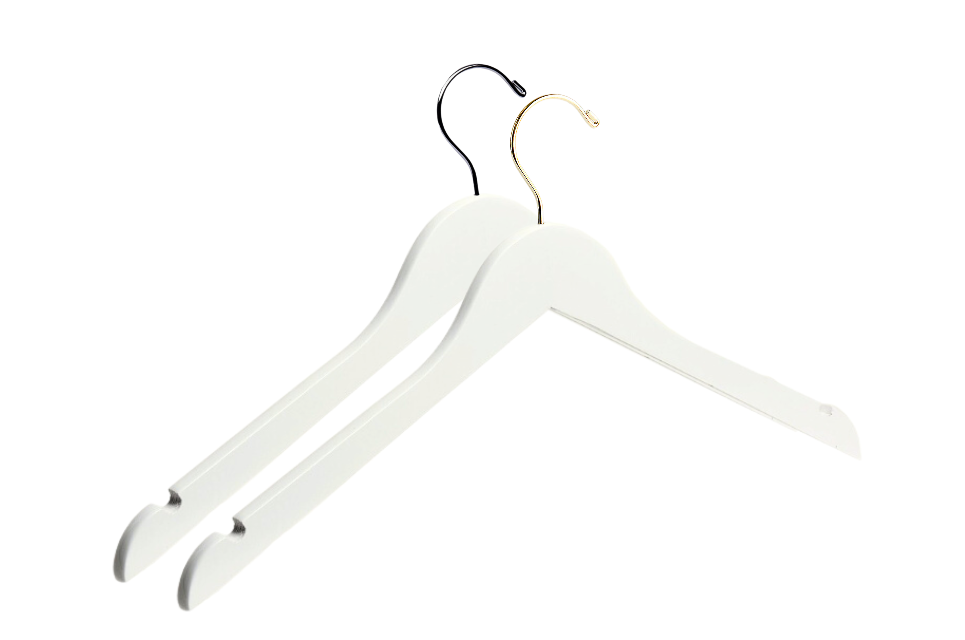 Two Ivory Wooden Adult Clothes Hangers with a silver hook and a gold hook for residential closets and retail stores #hook-color_gold-hook