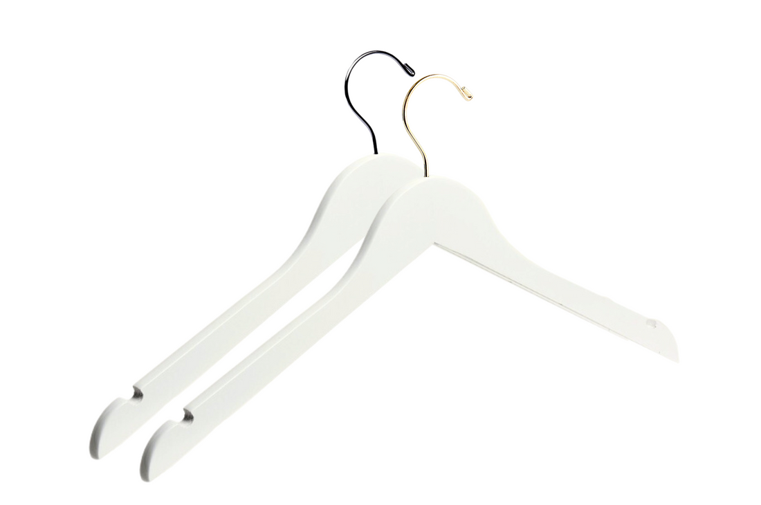 Two Ivory Wooden Adult Clothes Hangers with a silver hook and a gold hook for residential closets and retail stores