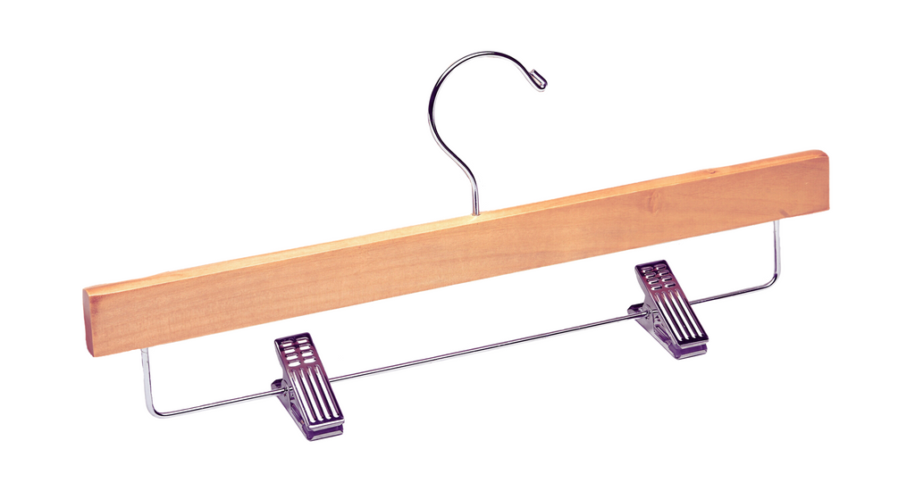 Natural Wooden Bottom Hanger with a silver, adjustable pant bar cushion clips for residential closets and retail stores