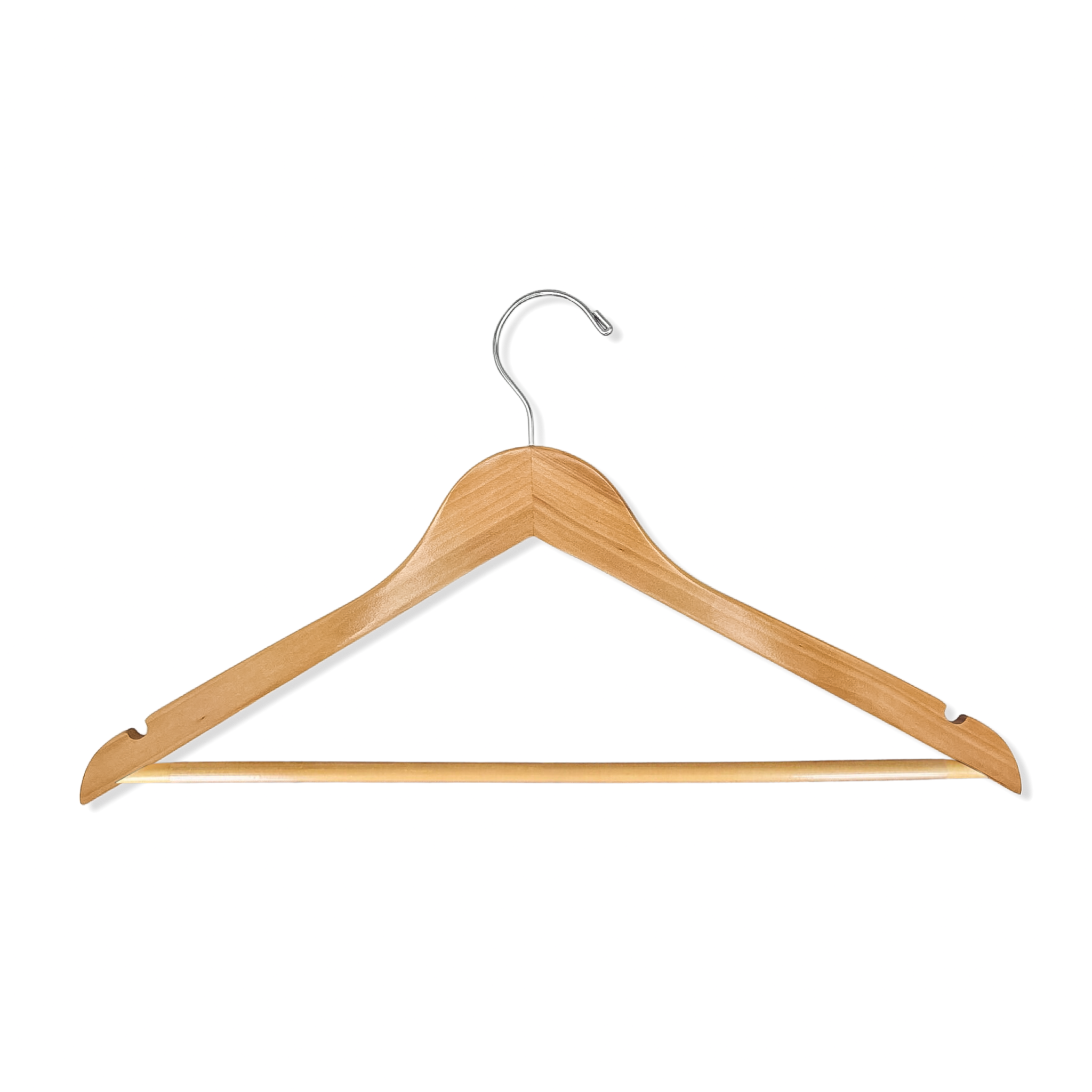 Natural Wooden Flat Suit Hanger with a silver hook and non-slip pant bar for adult’s home closets and retail spaces