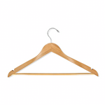 Load image into Gallery viewer, Natural Wooden Flat Suit Hanger with a silver hook and non-slip pant bar for adult’s home closets and retail spaces

