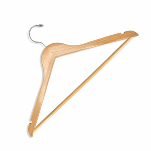 Customizable Natural Solid Maple Wood Flat Suit Hanger with a silver hook and anti-slip pant bar for adults