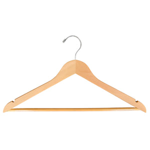 Natural Wooden Suit Hanger with a silver hook, shoulder notches, and trouser bar for adult’s closets and stores
