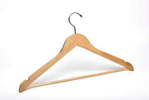 Natural Wood Flat Suit Hanger with a silver hook, shoulder notches, and pant bar for custom bridal hanger designers