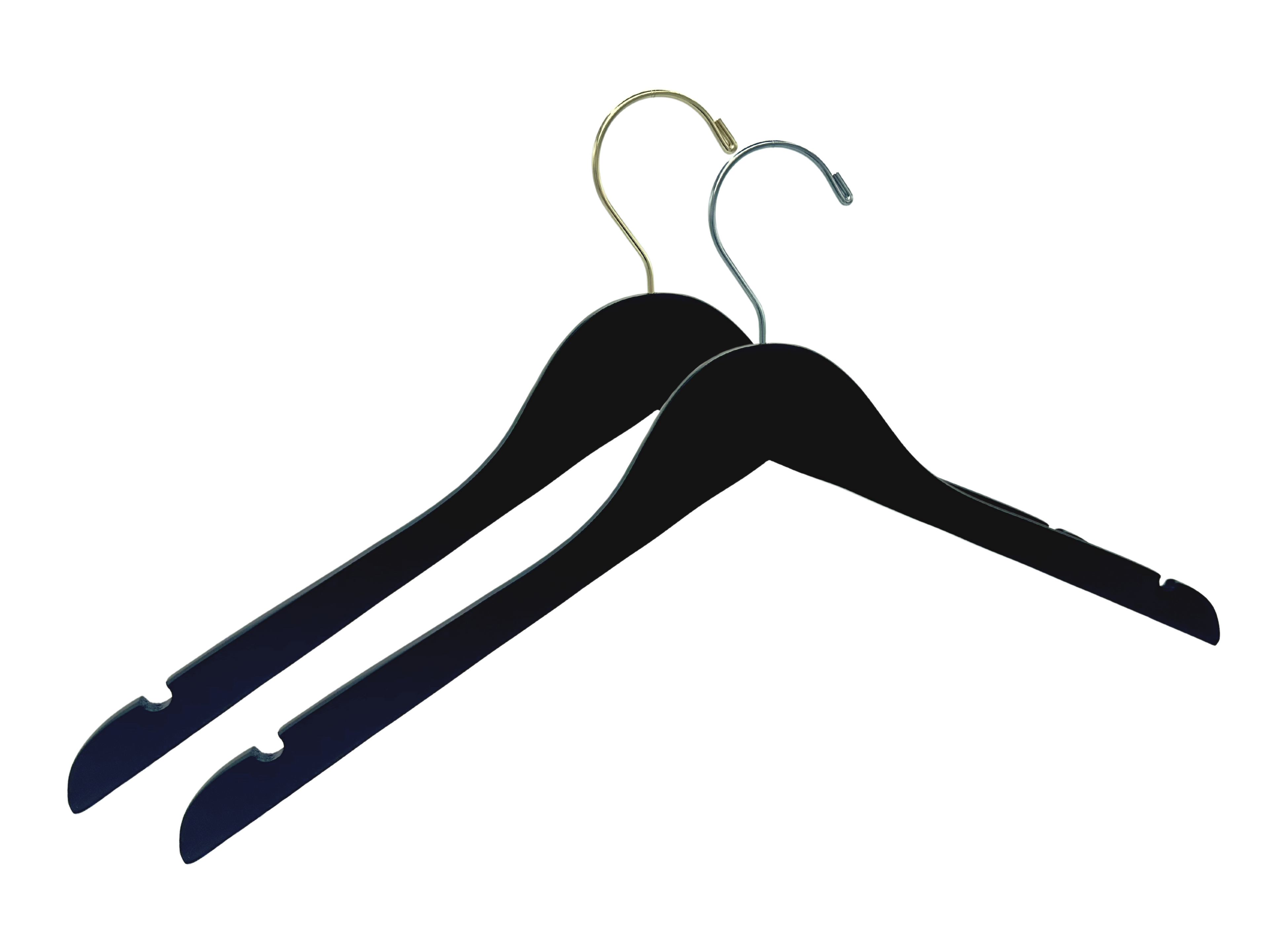 Space Saving Thin Black Wooden Adult Clothes Hangers with a gold hook and a silver hook for residential closets and retail stores 