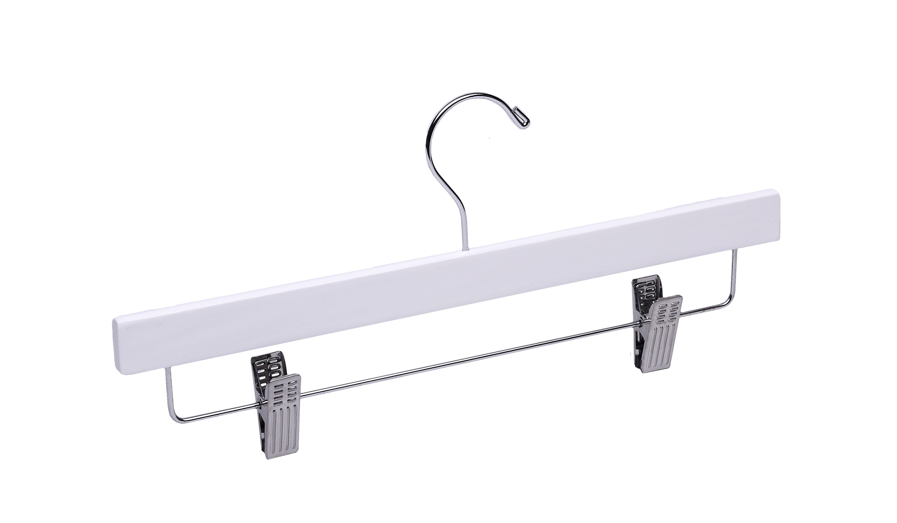 White Wooden Bottom Hanger with a silver hook and adjustable cushion clips for residential closets and retail stores #hardware-color_silver