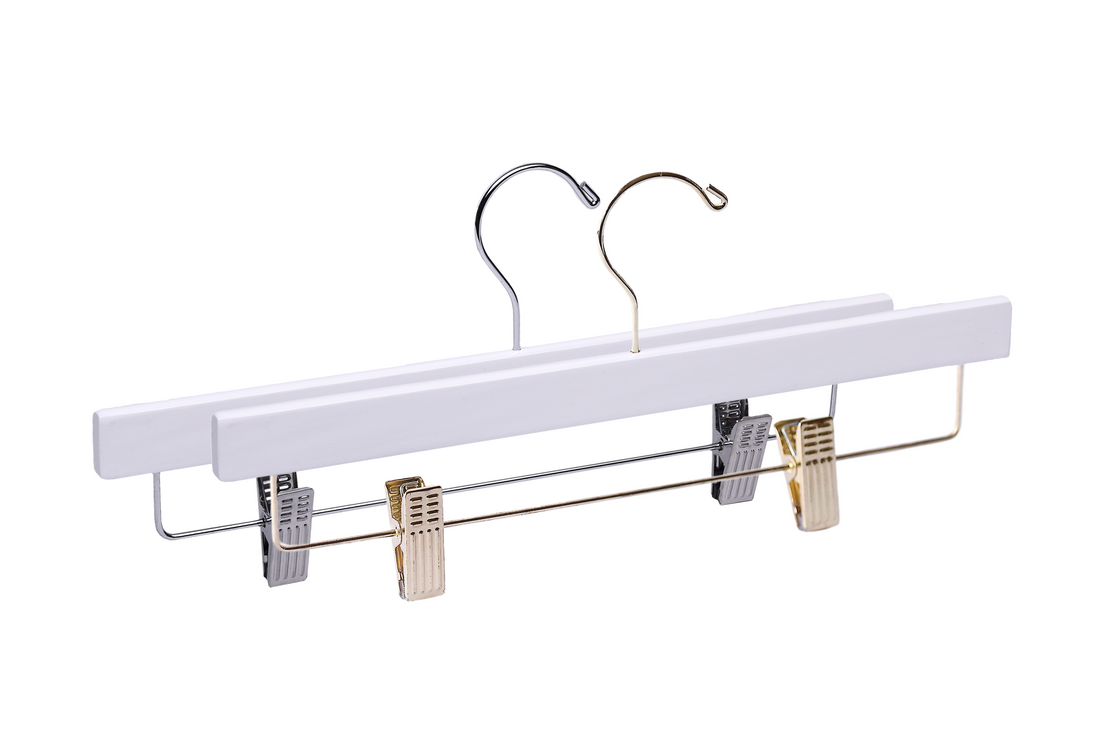 Two White Wooden Bottom Hangers with a silver hook, a gold hook, and cushion clips for home closets and retail stores