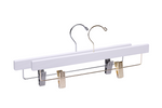 Load image into Gallery viewer, Two White Wooden Bottom Hangers with a silver hook, a gold hook, and cushion clips for home closets and retail stores #hardware-color_gold
