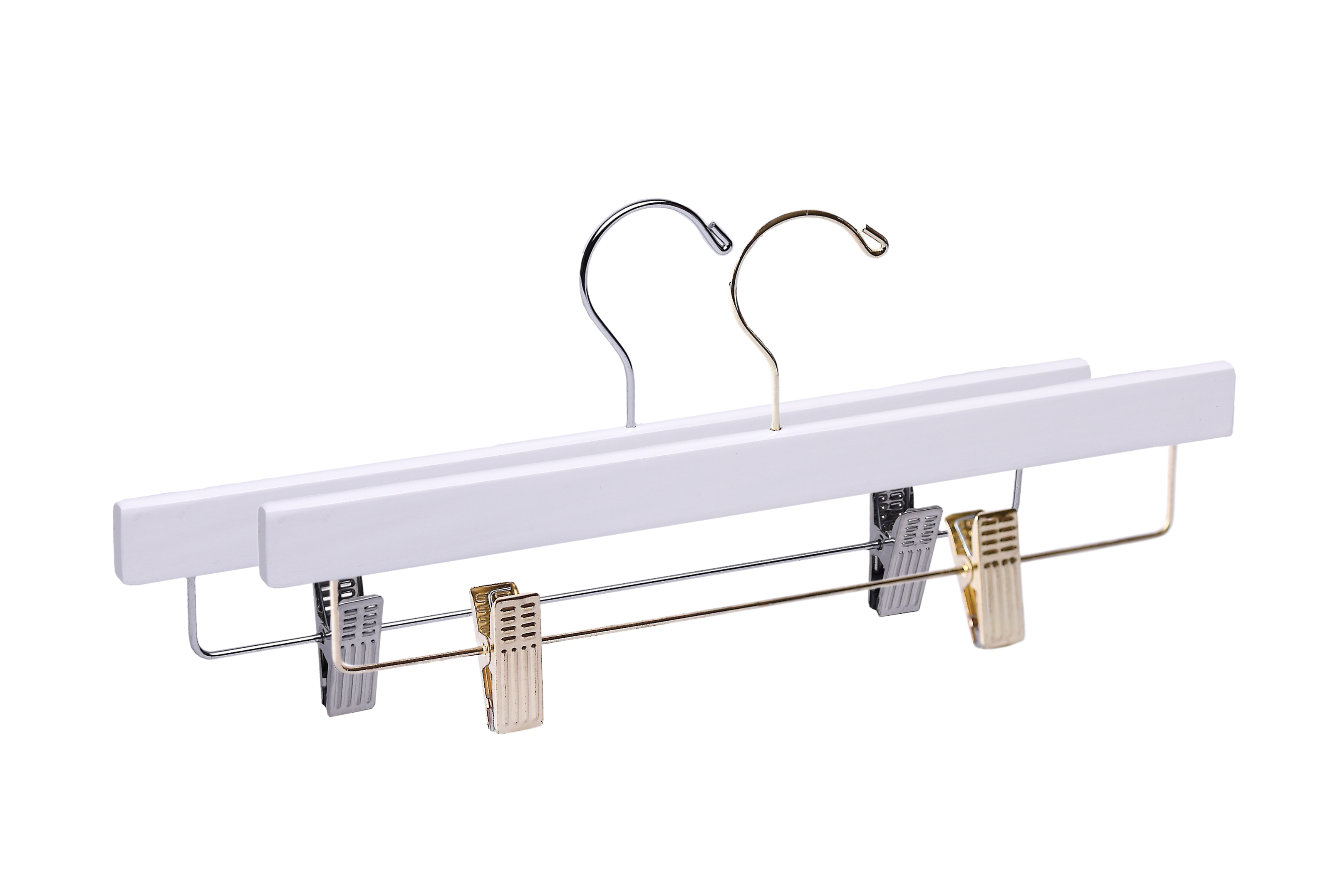 Two White Wooden Bottom Hangers with a silver hook, a gold hook, and cushion clips for home closets and retail stores #hardware-color_silver