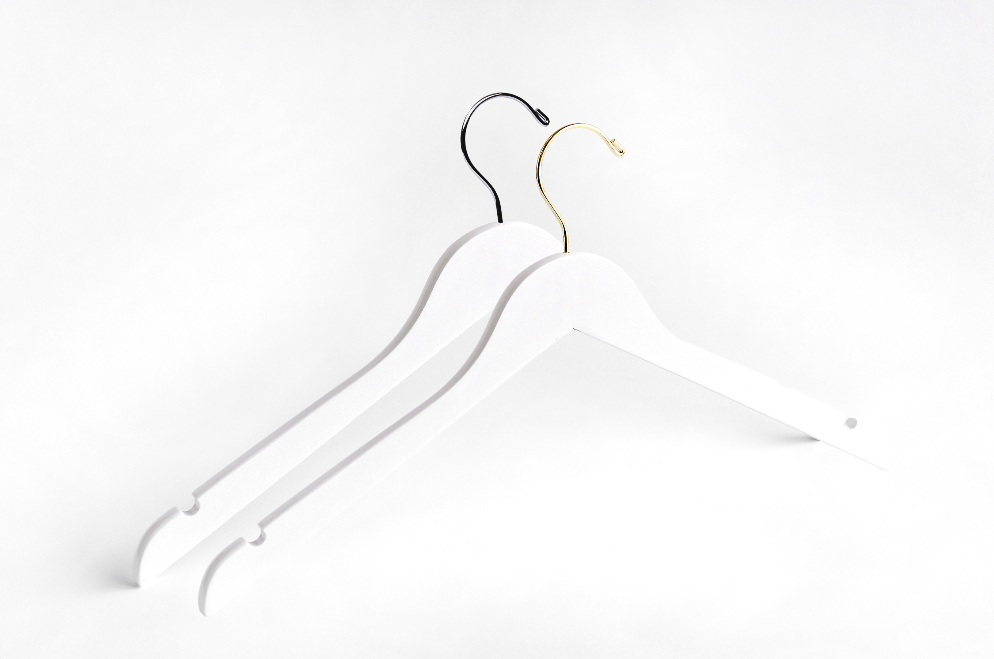 Two White Wooden Adult Clothes Hangers with a gold hook and a silver hook for residential closets and retail stores #hook-color_gold-hook