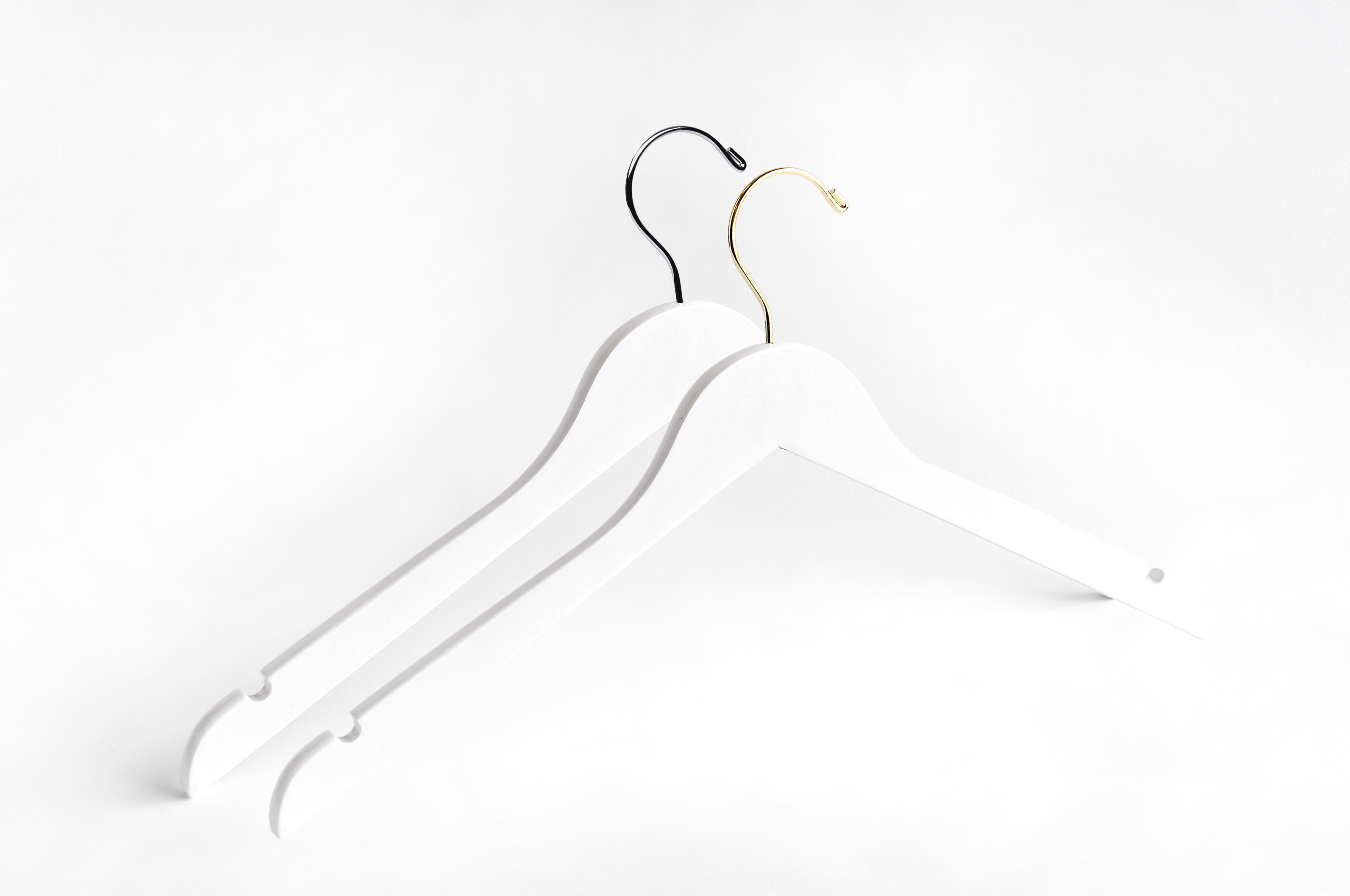 Two White Wooden Adult Clothes Hangers with a gold hook and a silver hook for residential closets and retail stores 