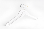 Load image into Gallery viewer, Two White Wooden Adult Clothes Hangers with a gold hook and a silver hook for residential closets and retail stores #hook-color_gold-hook
