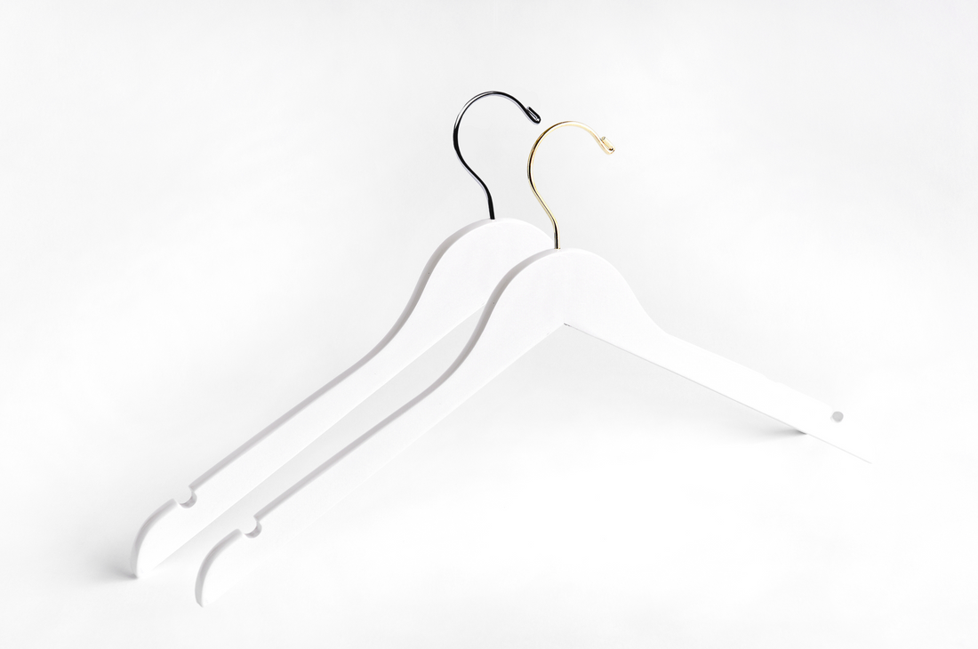 Two White Wooden Adult Clothes Hangers with a silver hook and a gold hook for residential closets and retail stores