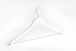 Load image into Gallery viewer, White Wooden Suit Hanger with a gold hook, shoulder notches, and non-slip pant bar for custom bridal hanger designers #hook-color_gold-hook
