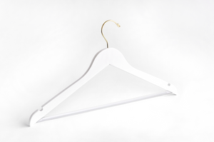 White Wooden Suit Hanger with a gold hook, shoulder notches, and non-slip pant bar for custom bridal hanger designers #hook-color_gold-hook