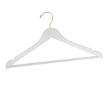 Load image into Gallery viewer, Customizable White Wooden Flat Suit Hanger with a gold hook, shoulder notches, and anti-slip trouser bar for adults #hook-color_gold-hook
