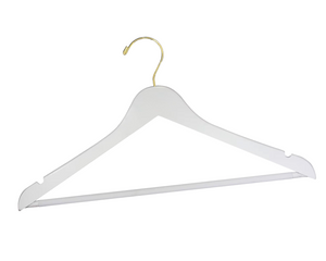 Customizable White Wooden Flat Suit Hanger with a gold hook, shoulder notches, and anti-slip trouser bar for adults #hook-color_gold-hook