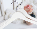 Load image into Gallery viewer, Two White Wooden Suit Hangers with silver hooks for custom bridal hanger designers, home closets, and retail stores #hook-color_silver-hook
