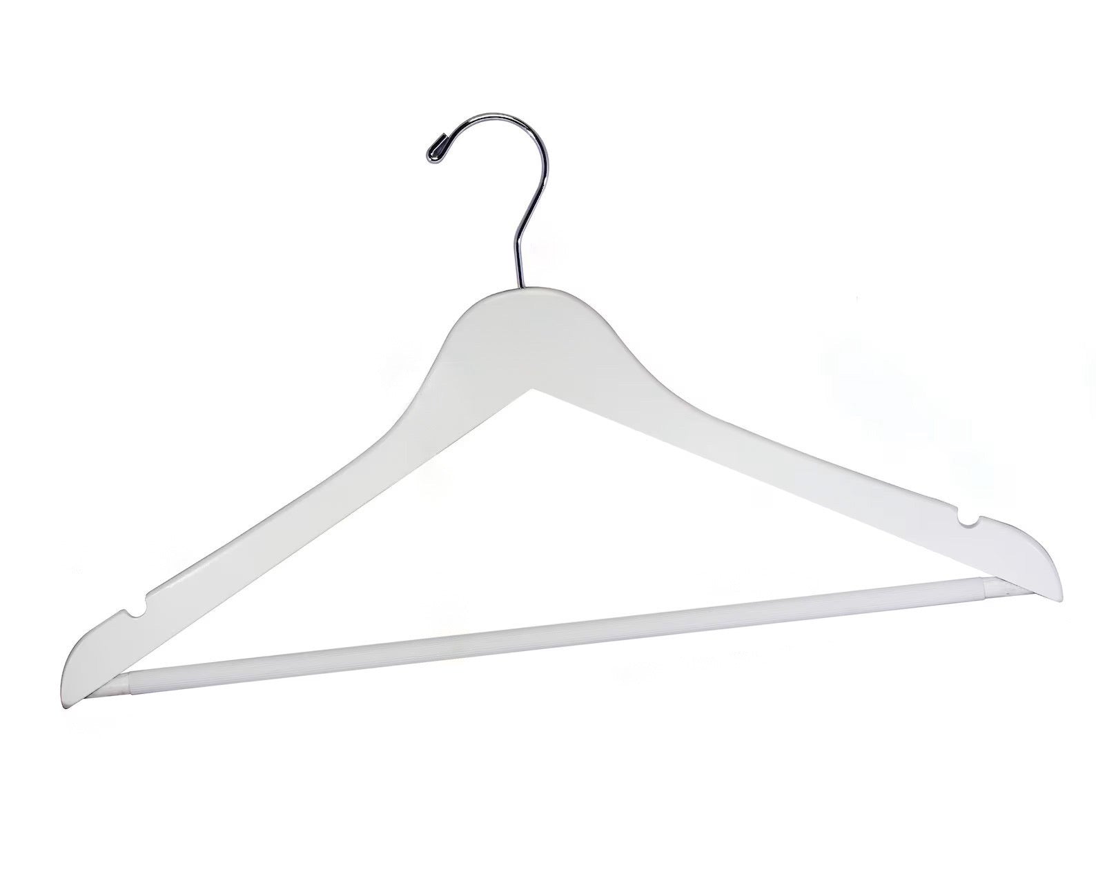 Customizable White Wooden Flat Suit Hanger with a silver hook, shoulder notches, and anti-slip trouser bar for adults #hook-color_silver-hook