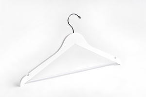 White Wooden Suit Hanger with a silver hook, shoulder notches, and non-slip pant bar for custom bridal hanger designers #hook-color_silver-hook