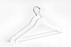 Two White Wooden Adult Flat Suit Hangers with a silver hook and a gold hook for residential closets and retail stores #hook-color_silver-hook