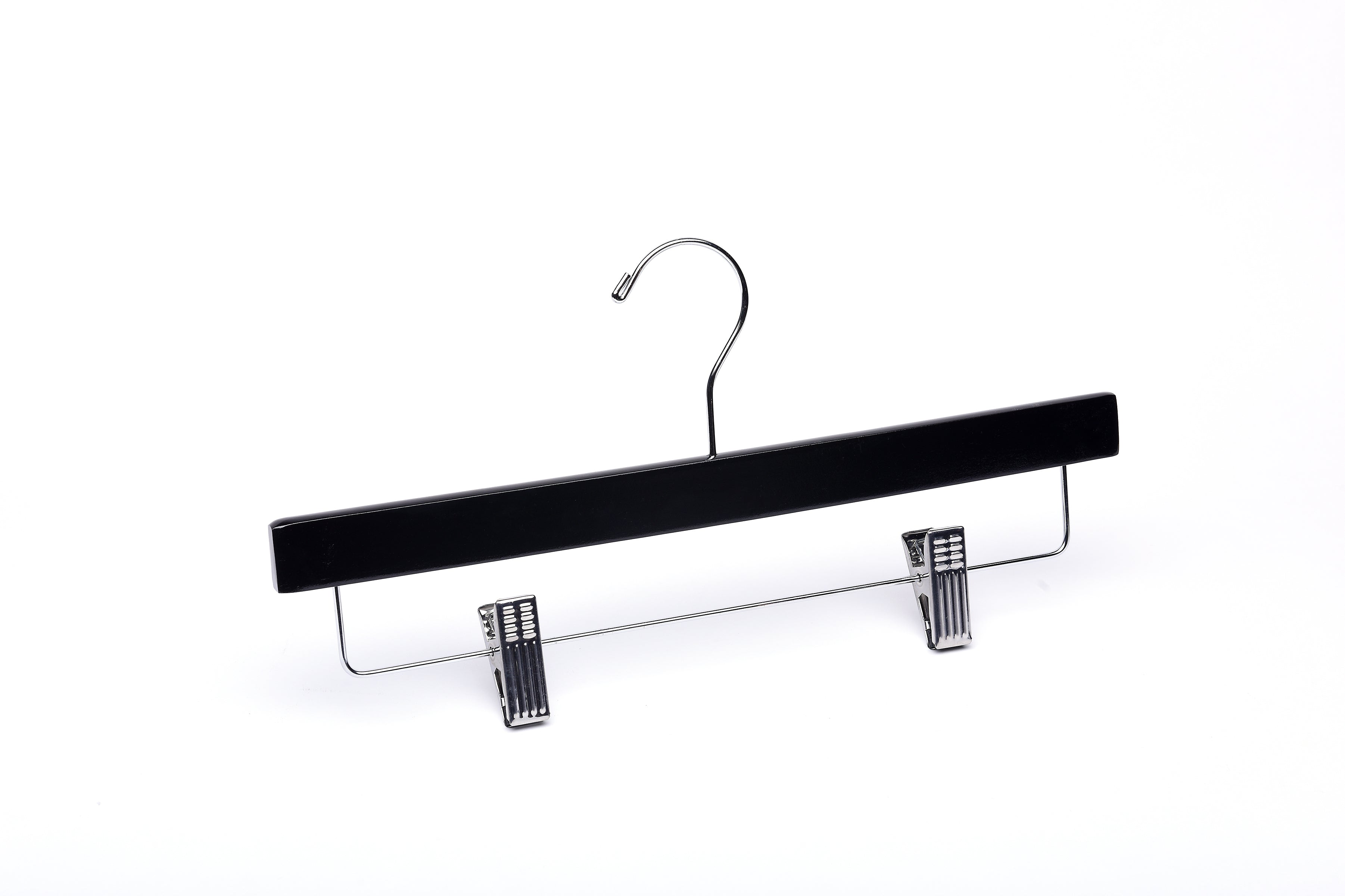 Luxury quality Matte Black Wooden Bottom Hanger with silver, adjustable pant bar clips for boutiques and home closets #hardware-color_silver