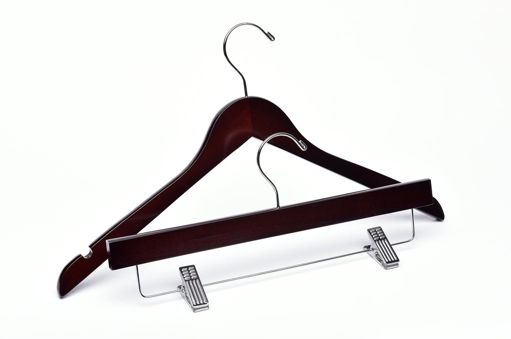 Dark Walnut Wooden Top Hanger with a silver hook and Bottom Hanger with silver hardware for home closets and retail stores