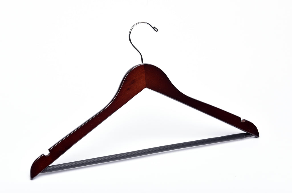 Dark Walnut Wood Suit Hanger with a silver hook, shoulder notches, and pant bar for residential closets and retail stores