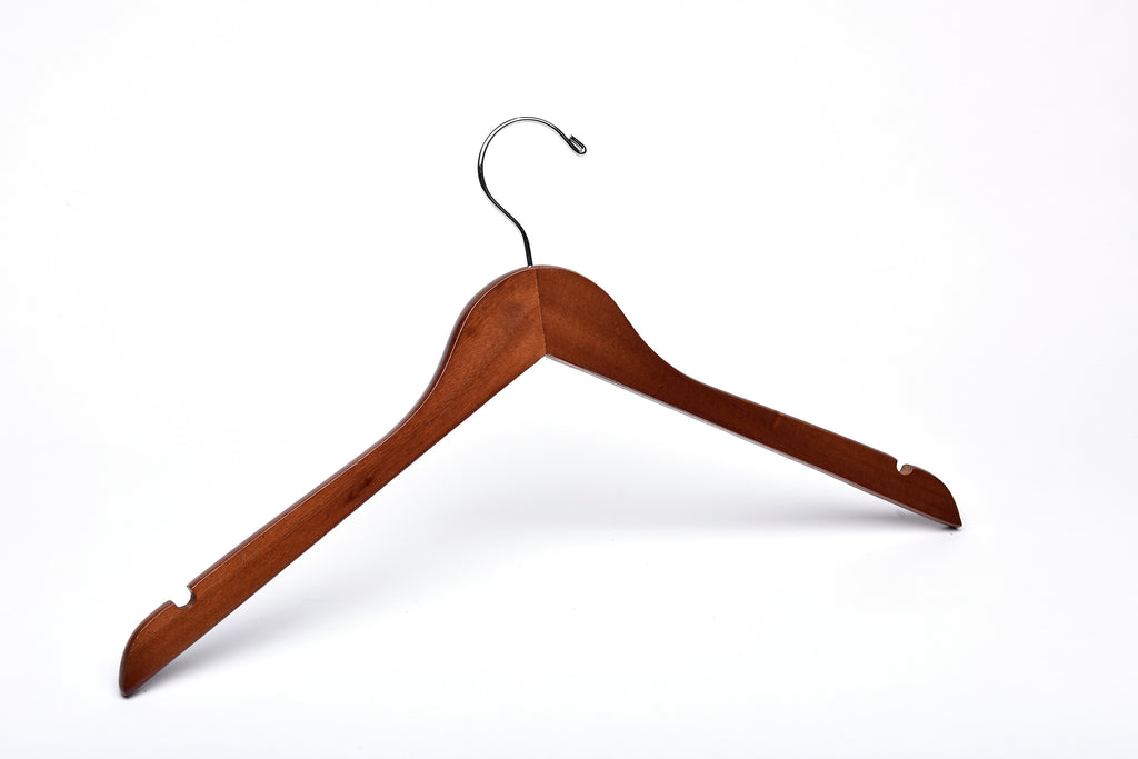 Light Walnut Wooden Clothes Hanger with a silver hook and shoulder notches for residential closets and retail stores
