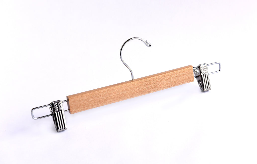 Natural Wooden Bottom Hanger with a silver, adjustable side cushion clips for residential closets and retail stores