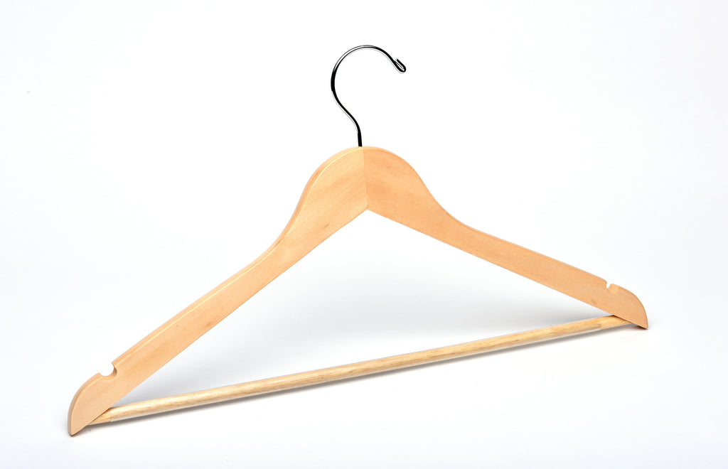 Natural Wood Flat Suit Hanger with a silver hook, shoulder notches, and pant bar for residential closets and retail stores