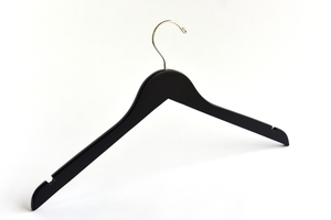 Matte Black Wooden Clothes Hanger with a gold hook and shoulder notches for custom bridal hanger designers #hook-color_gold-hook