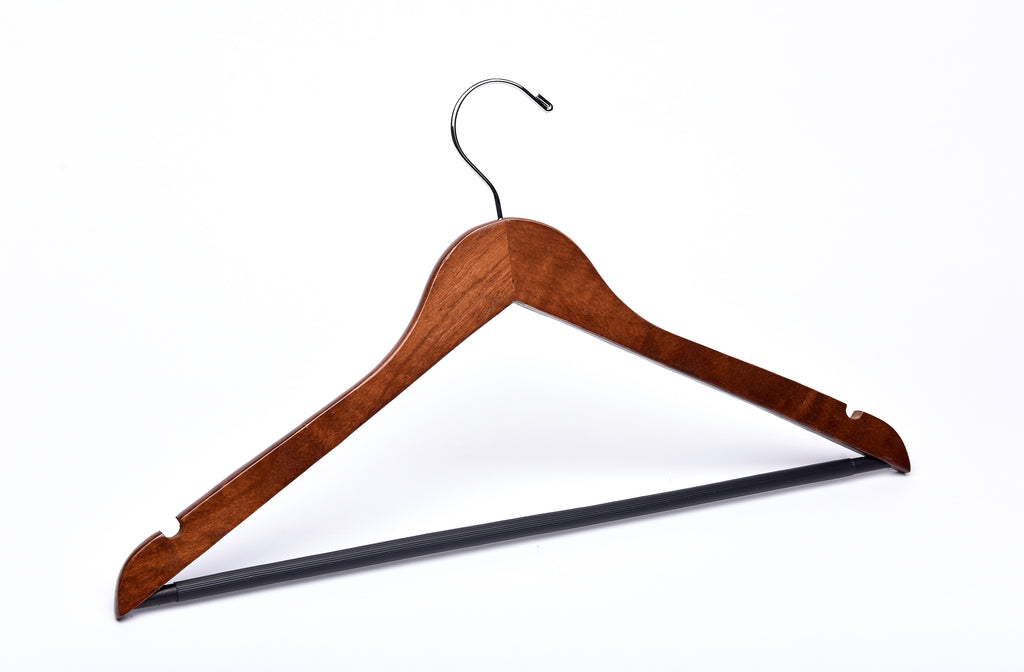 Light Walnut Wood Suit Hanger with a silver hook, shoulder notches, and pant bar for residential closets and retail stores