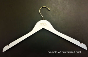 Customized White Wooden Hanger with a gold hook and gold print logo of ‘Bellezza Boutique’ #hook-color_gold-hook
