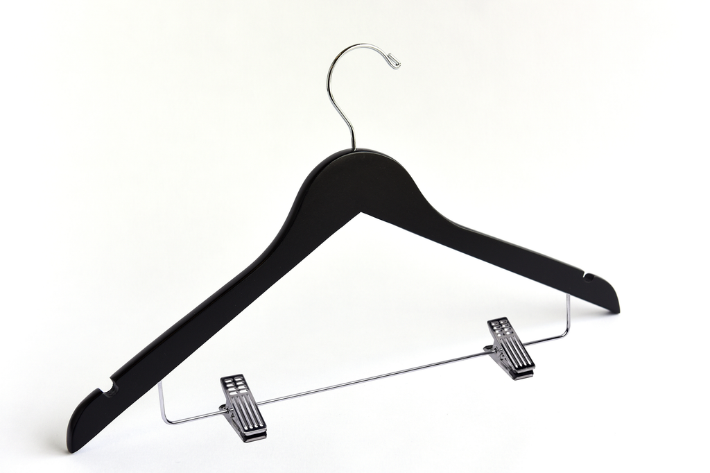 Matte Black Wooden Combination Hanger with a silver hook, bar, and cushion clips for residential closets and retail stores