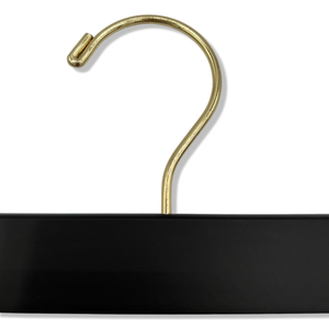 Top of high quality Matte Black Wooden Bottom Hanger for adults with a gold hook facing to the left #hardware-color_gold