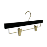 Load image into Gallery viewer, Customizable Matte Black Wooden Bottom Hanger with gold anti-stain, anti-slip, adjustable cushion clips for adult pants #hardware-color_gold
