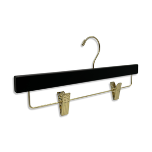 Customizable Matte Black Wooden Bottom Hanger with gold anti-stain, anti-slip, adjustable cushion clips for adult pants #hardware-color_gold