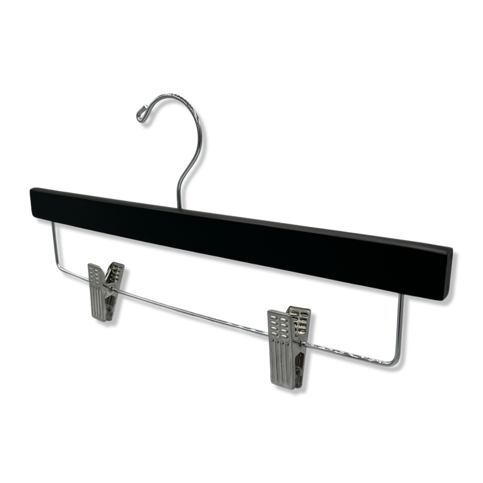 Customizable Matte Black Wooden Bottom Hanger with silver anti-stain, anti-slip, adjustable cushion clips for adult pants #hardware-color_silver