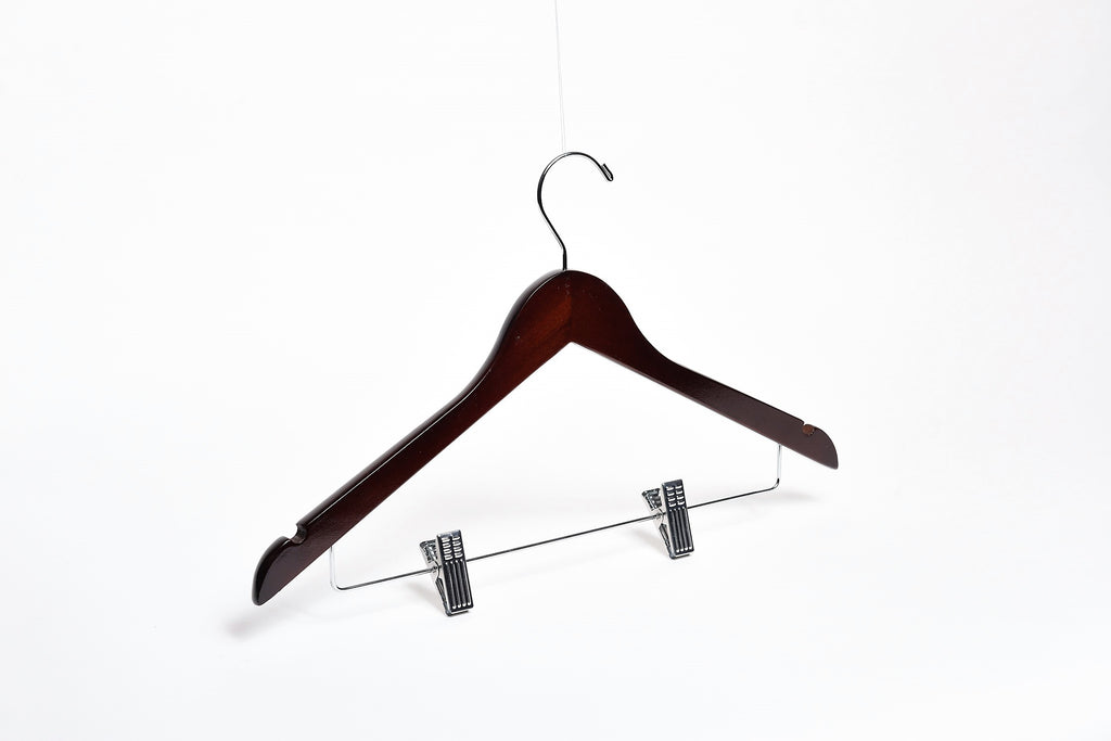 Dark Walnut Wooden Combination Hanger with a silver hook, bar, and adjustable cushion clips for boutiques and homes