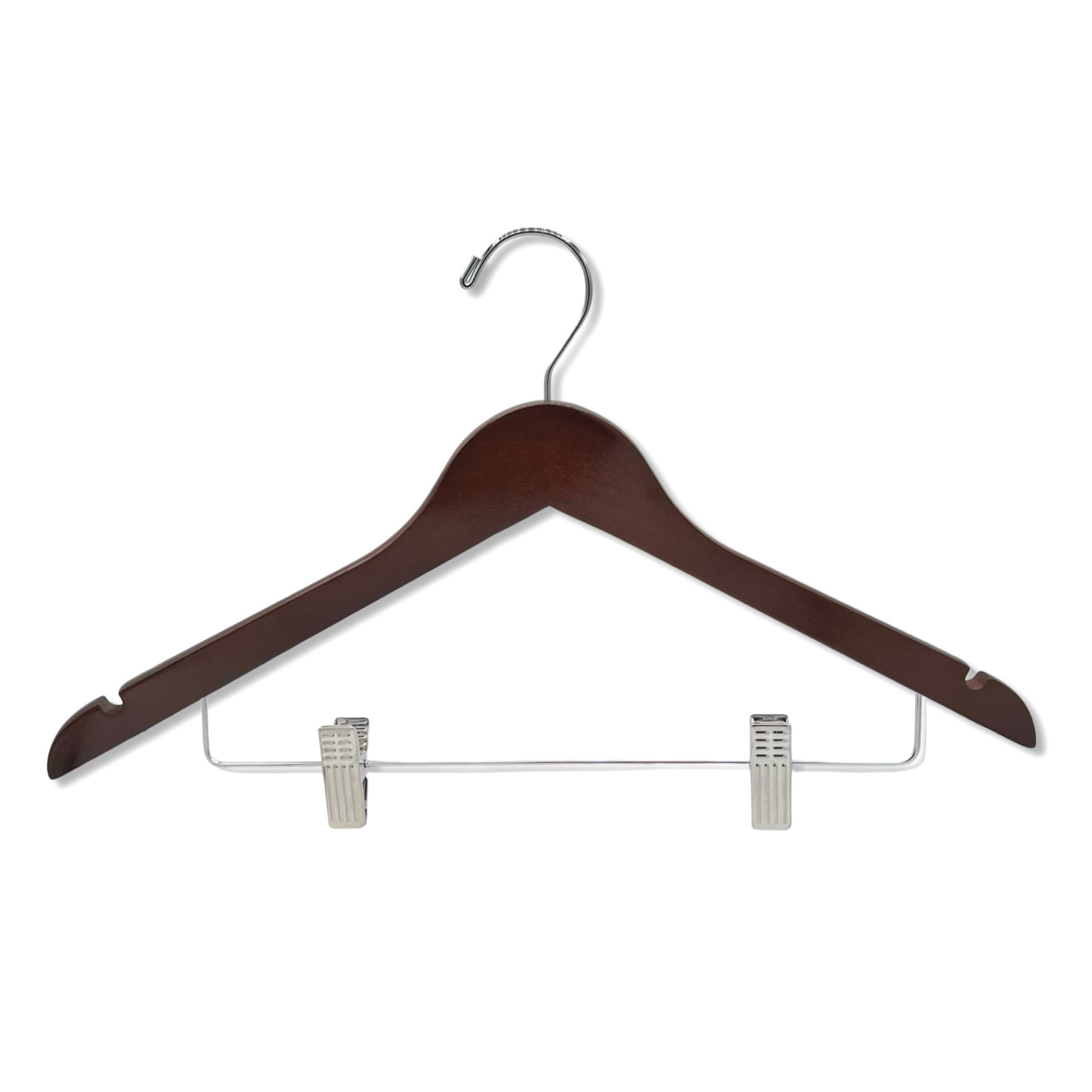 Dark Walnut Wood Combination Hanger with a silver hook, shoulder notches, and cushion clips for closets and stores