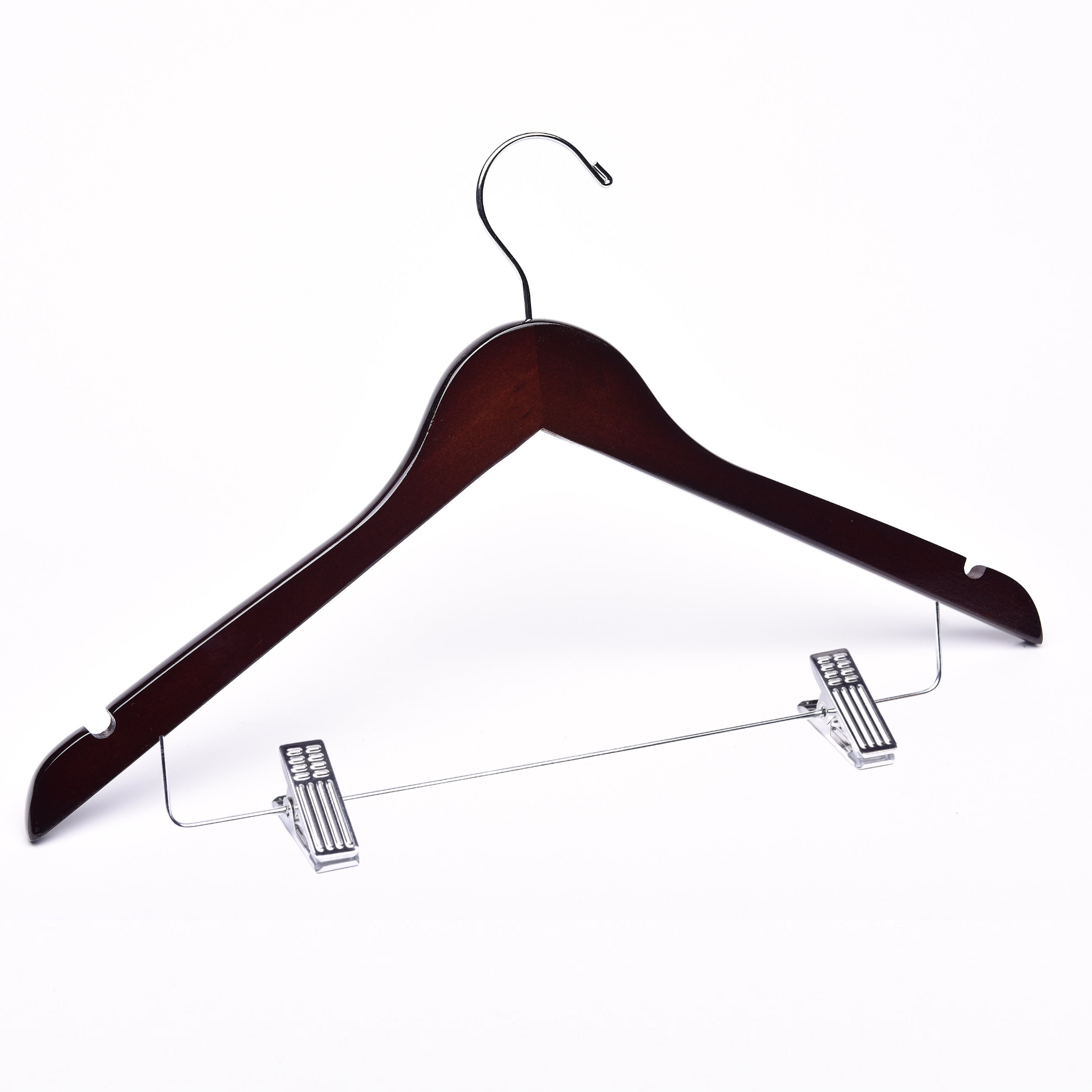 Dark Walnut Wooden Combination Hanger with a silver hook, bar, and cushion clips for residential closets and retail stores