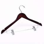 Load image into Gallery viewer, Dark Walnut Wooden Combination Hanger with a silver hook, bar, and cushion clips for residential closets and retail stores
