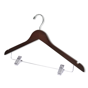 Customizable Dark Walnut Wooden Combination Hanger with silver anti-stain, anti-slip, adjustable cushion clips for adults