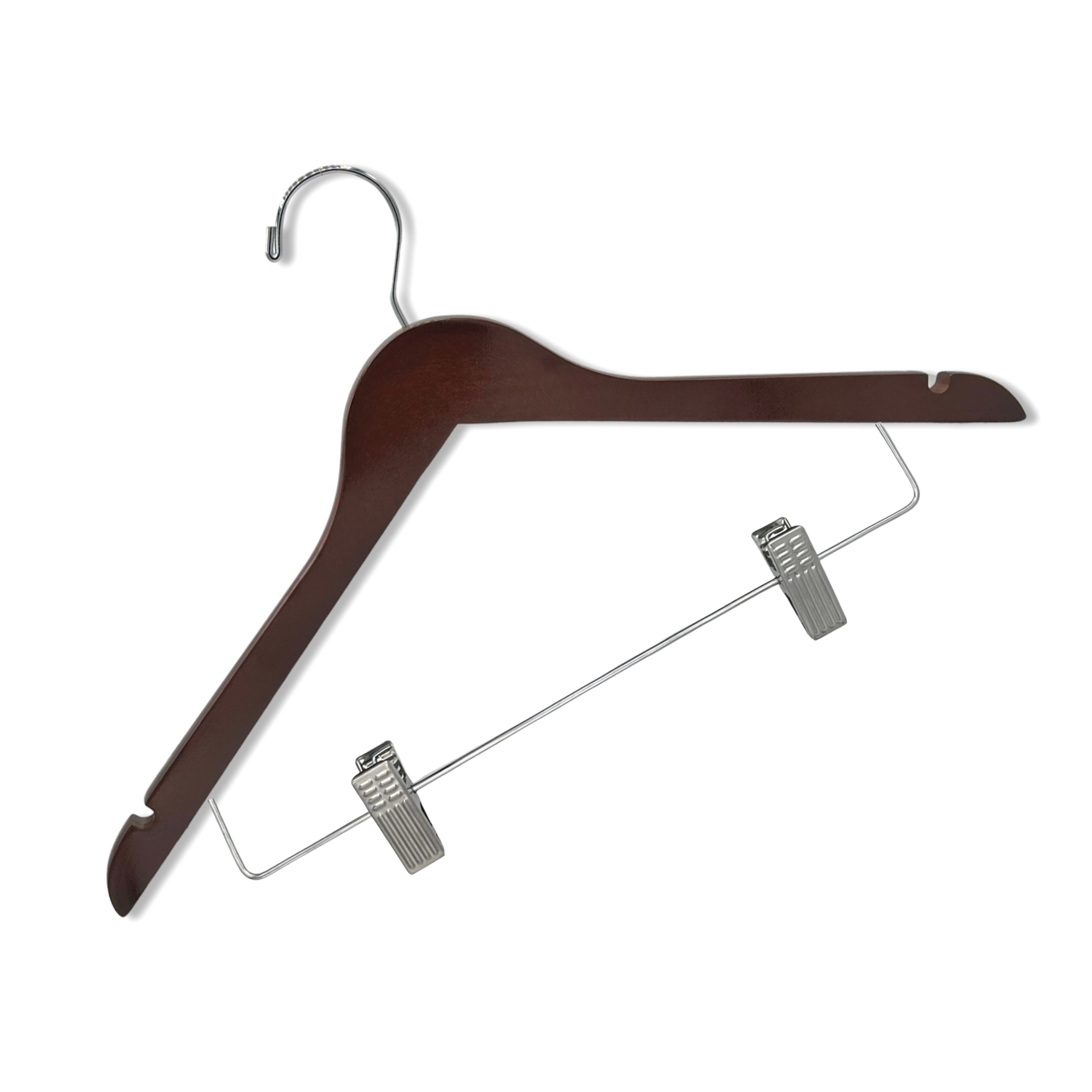 Dark Walnut Wood Combo Hanger with a silver hook, pant bar, and non-slip cushion clips for home closets and retail spaces