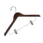 Load image into Gallery viewer, Dark Walnut Wood Combo Hanger with a silver hook, pant bar, and non-slip cushion clips for home closets and retail spaces
